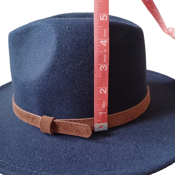 Navy Blue Women's Fedora Brimmed Hat, Brown Strap, Adjustable Size - Picture 8 of 11